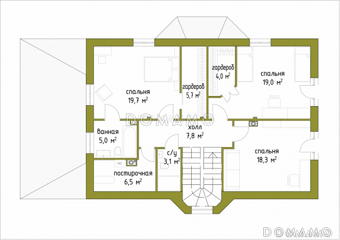 Проект коттеджа с большой террасой и французскими окнами / План 2 этажа Проект коттеджа с большой террасой и французскими окнами / План 2 этажа