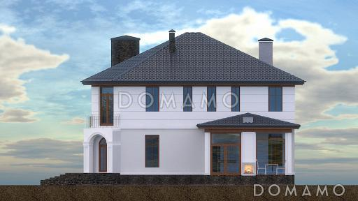 Проект дома с входом с угла здания, террасами, кладовой в кухне, сауной, хозяйской спальней и детскими / Фасад 4 Проект дома с входом с угла здания, террасами, кладовой в кухне, сауной, хозяйской спальней и детскими / Фасад 4