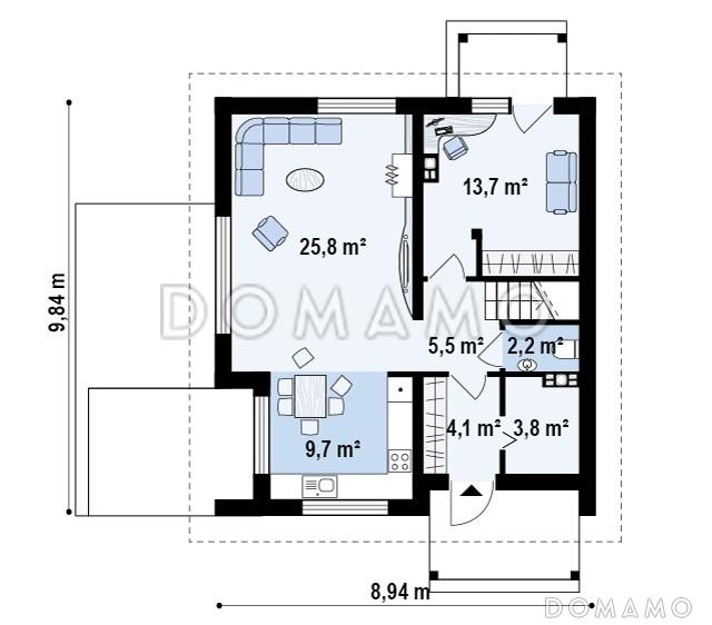 Проект одноэтажного дома с высоким мансардным этажом из кирпича с кабинетом и угловым балконом / План 1 этажа