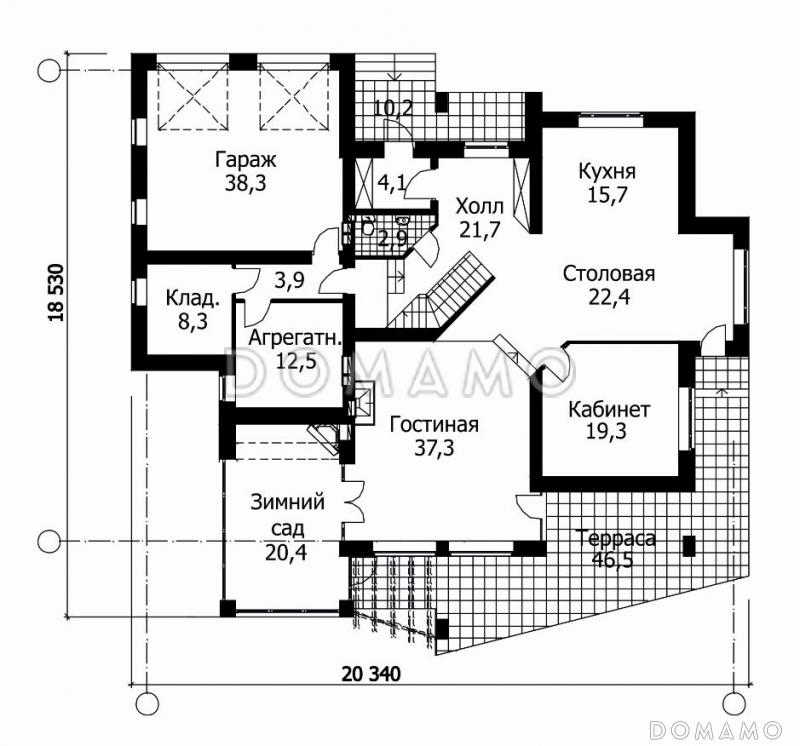 Проект дома из панелей СИП с комбинированной отделкой фасада / План 1 этажа