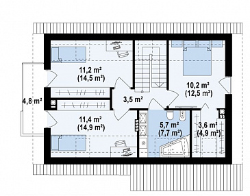 Проект одноэтажного мансардного дома из кирпича с кабинетом, тремя спальнями и хозяйской гардеробной / План мансардного этажа