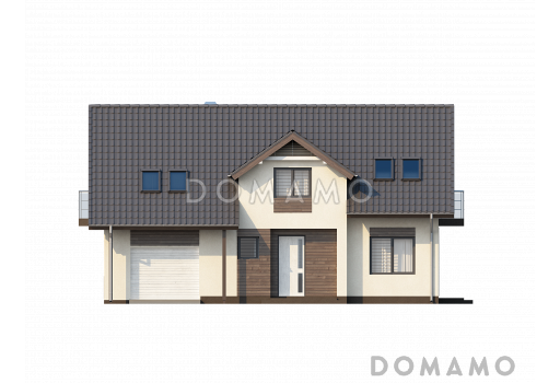 Проект одноэтажного мансардного дома из газобетона с балконом, с четырьмя спальнями и встроенным гаражом / Фасад 1