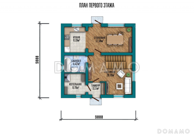 Проект двухэтажного дома с большой гостиной и столовой / План 1 этажа