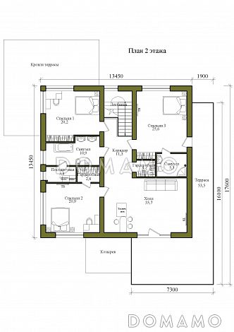 Проект двухэтажного дома с крытой террасой на первом и открытой террасой на втором этажах / План 2 этажа