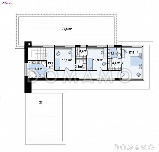 Проект просторного современного двухэтажного дома из кирпича с плоской крышей,  с верандой, гаражом и террасами на обоих этажах / План 2 этажа
