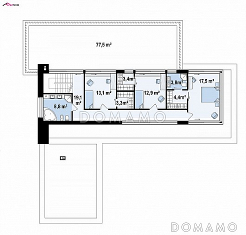 Проект просторного современного двухэтажного дома из кирпича с плоской крышей,  с верандой, гаражом и террасами на обоих этажах / План 2 этажа Проект просторного современного двухэтажного дома из кирпича с плоской крышей,  с верандой, гаражом и террасами на обоих этажах / План 2 этажа