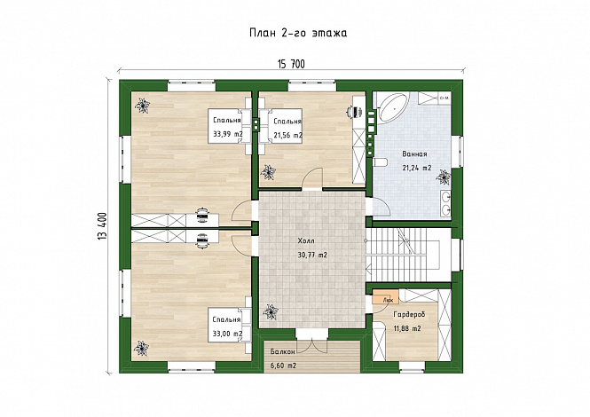 Проект трехуровневого дома с 3 спальнями, балконом и большим подвалом / План 2 этажа
