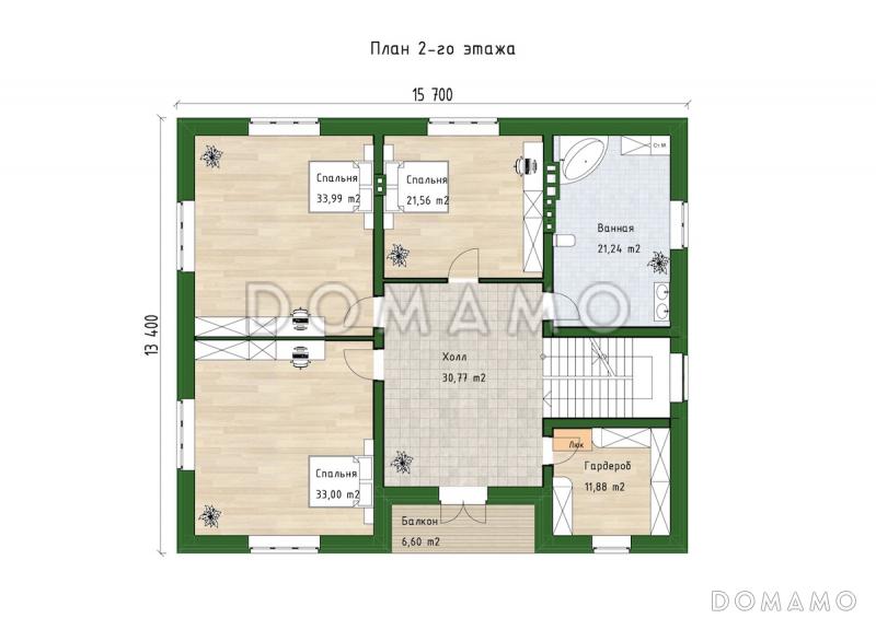 Проект трехуровневого дома с 3 спальнями, балконом и большим подвалом / План 2 этажа