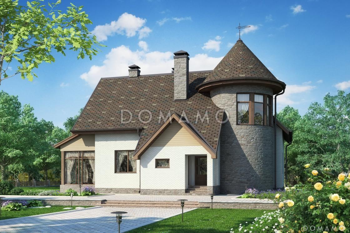 Проект дома с застекленным холлом, полукруглым крыльцом, сауной и четырьмя спальнями на мансарде / 1