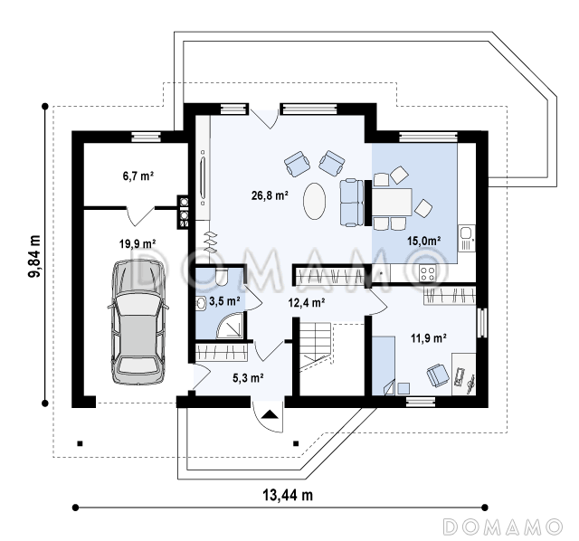 Проект одноэтажного мансардного дома из газобетона с четырьмя спальнями и встроенным гаражом / План 1 этажа