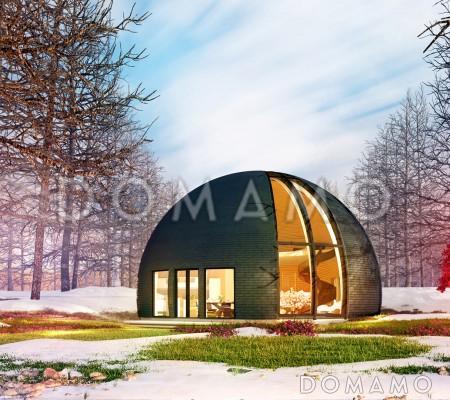 Проект сферического дома с большой гостиной с панорамным остеклением / 1