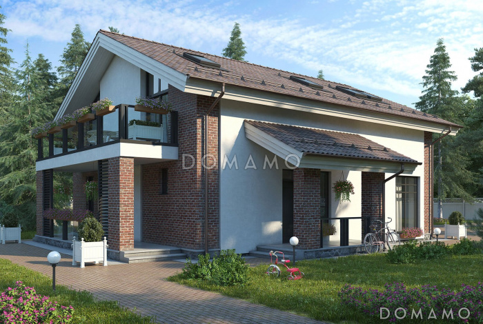 Проект двухэтажного кирпичного дома с террасой, балконом, сауной и 5 спальнями