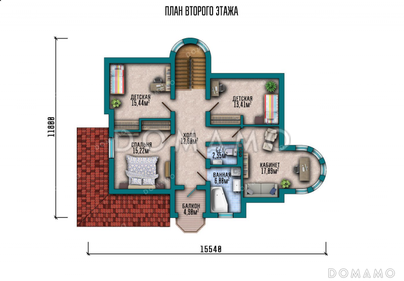 Проект дома с эркером и террасой в стиле замка / План мансардного этажа