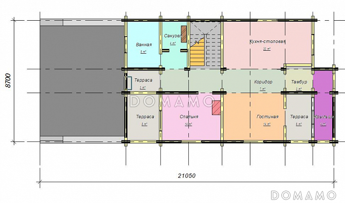 Проект двухэтажного коттеджа из бруса с цоколем / План 1 этажа Проект двухэтажного коттеджа из бруса с цоколем / План 1 этажа
