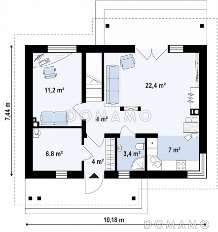Проект компактного одноэтажного мансардного дома из кирпича с кабинетом и тремя спальнями и большой котельной / План 1 этажа