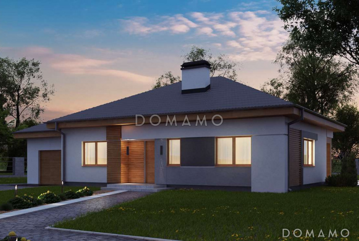 Проект одноэтажного дома из газобетона с тремя спальнями и небольшой крытой угловой террасой, увеличенная версия 273 с гаражом Проект одноэтажного дома из газобетона с тремя спальнями и небольшой крытой угловой террасой, увеличенная версия 273 с гаражом