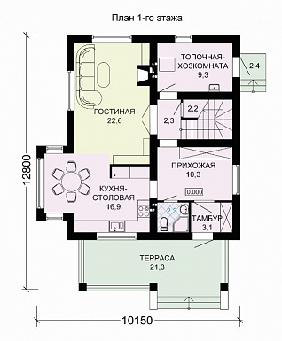 Проект двухэтажного дома из СИП панелей с тремя спальными комнатами / План 1 этажа