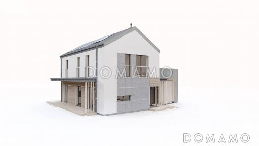 Проект двухэтажного дома с гаражом и террасой над ним, кухней с двумя окнами, кладовой / Фасад 2