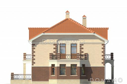 Двухэтажный дом с открытой большой террасой, тремя балконами, эркером / Фасад 3