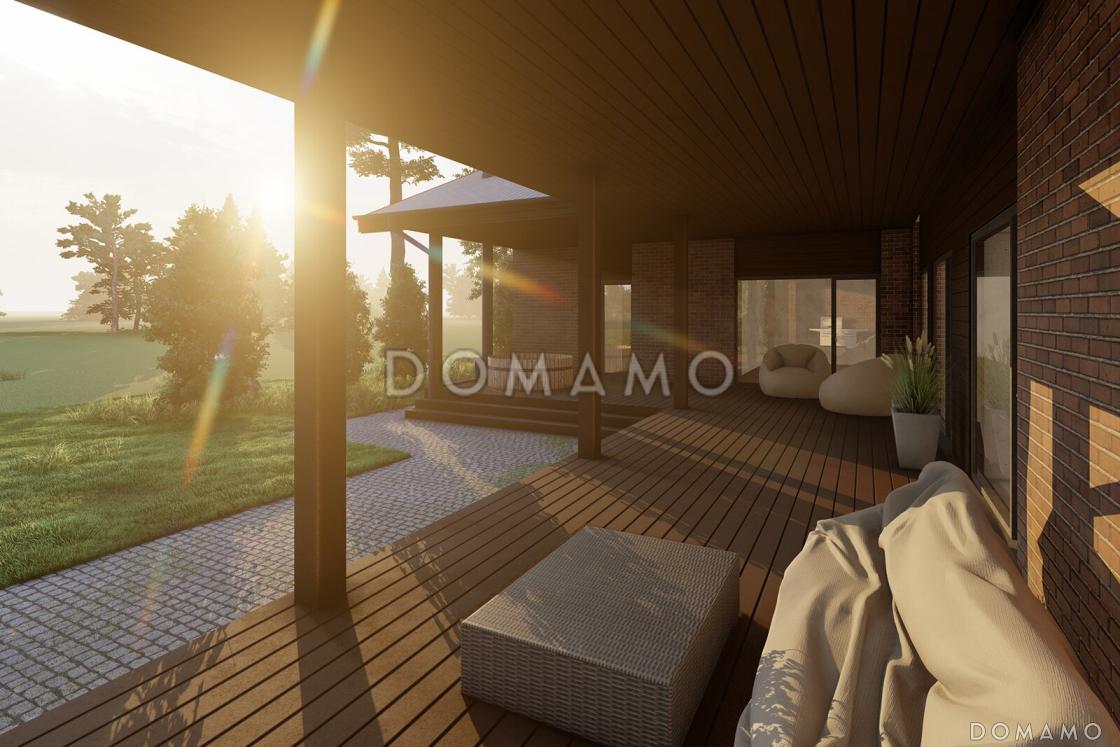 Проект кирпичного Г-образного дома с 3 спальнями, сауной и барбекю на террасе / 4