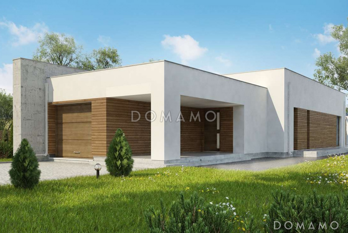 Проект современного одноэтажного дома из кирпича для узкого участка с плоской крышей с тремя спальнями и гаражом