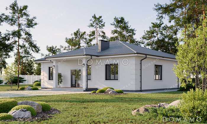 Проект одноэтажного дома с четырьмя спальнями, просторной гостиной-столовой и терасой Проект одноэтажного дома с четырьмя спальнями, просторной гостиной-столовой и терасой