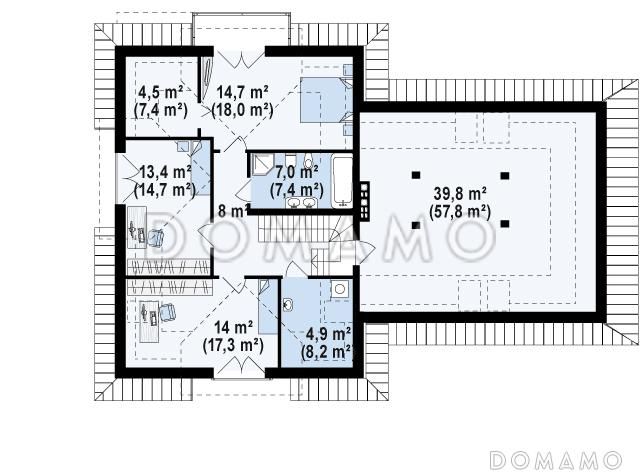 Проект одноэтажного мансардного дома из газобетона с кабинетом, гаражом на два автомобиля и комнатой над гаражом / План мансардного этажа