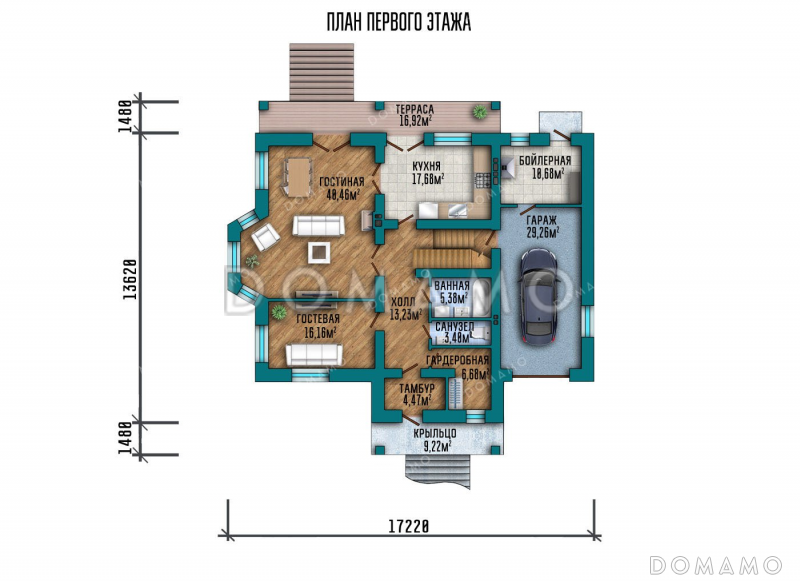 Проект дома с террасой, балконом и гаражом / План 1 этажа