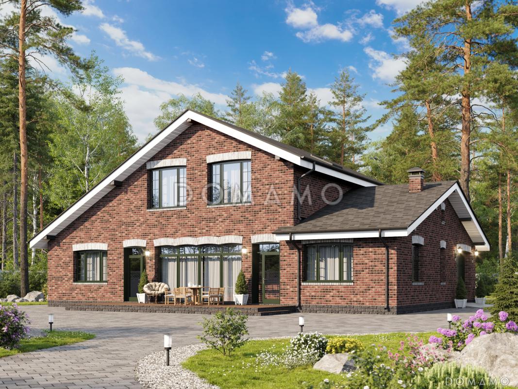 Проект загородного дома с гаражом, верандой и террасой, сауной, отдельными лестницами на мансардный этаж в гостевую и хозяйскую часть / 1