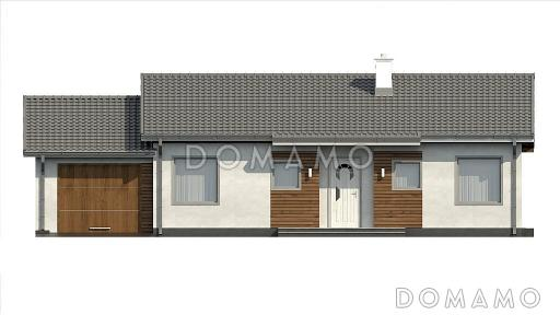 Проект компактного одноэтажного дома из газобетона с тремя спальнями, небольшой крытой террасой и гаражом / Фасад 3