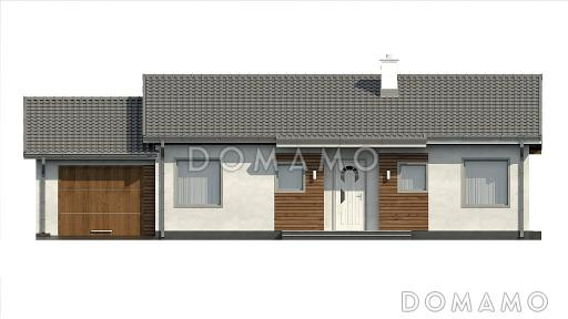 Проект компактного одноэтажного дома из газобетона с тремя спальнями, небольшой крытой террасой и гаражом / Фасад 3