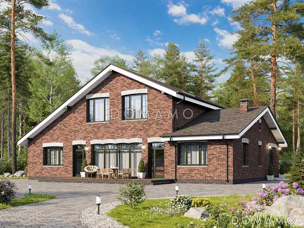 Проект загородного дома с гаражом, верандой и террасой, сауной, отдельными лестницами на мансардный этаж в гостевую и хозяйскую часть Проект загородного дома с гаражом, верандой и террасой, сауной, отдельными лестницами на мансардный этаж в гостевую и хозяйскую часть