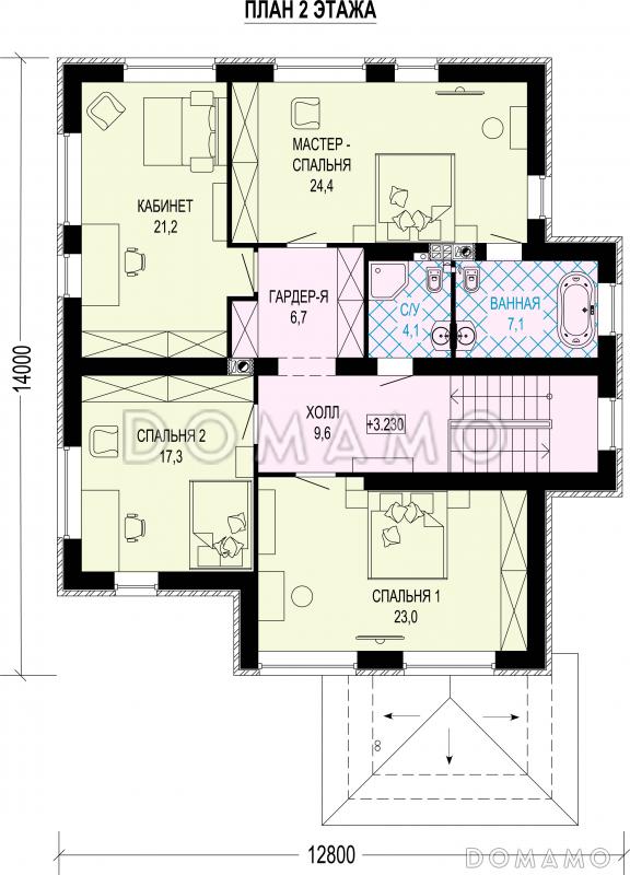 Проект двухэтажного дома с гаражом, комнатой на первом этаже, 3 спальнями и кабинетом / План 2 этажа