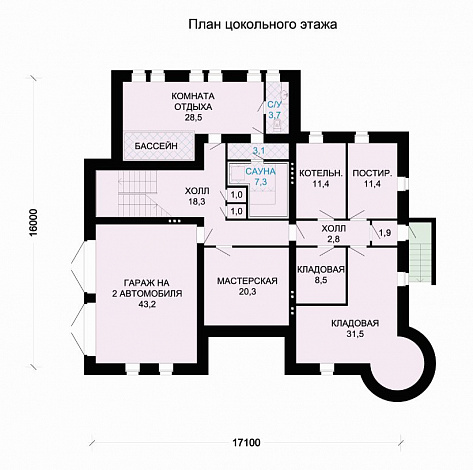 Проект кирпичного дома с гаражом на цокольном этаже / План цокольного этажа
