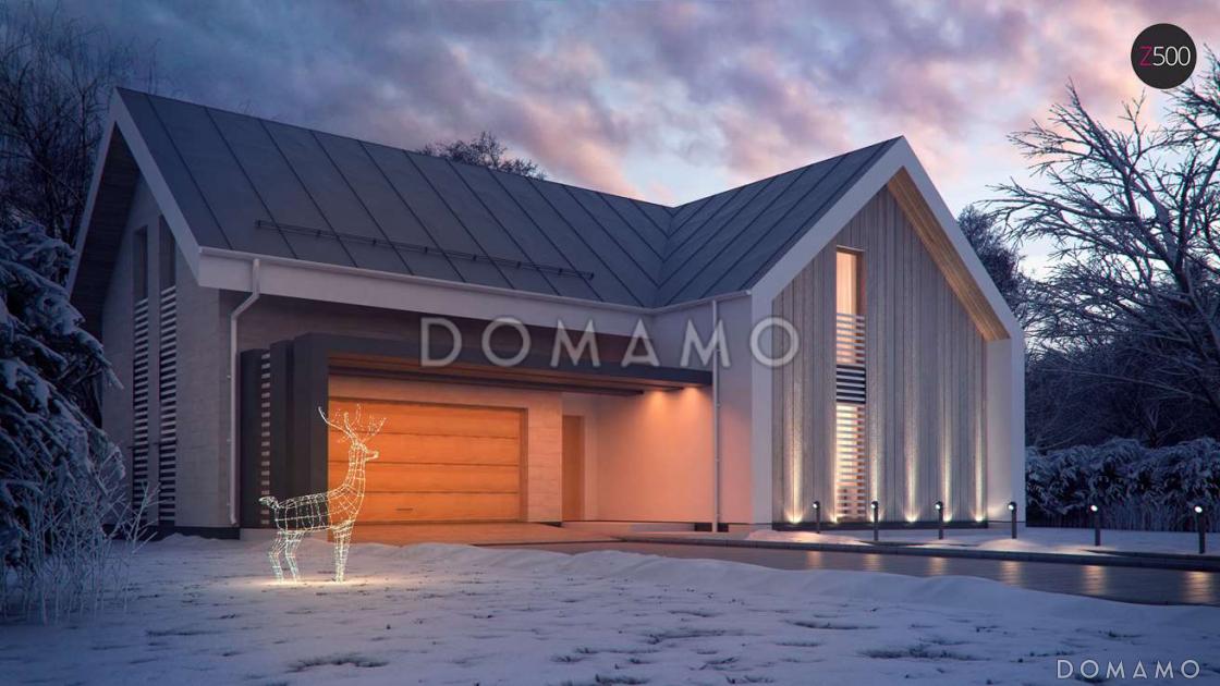 Проект современного одноэтажного мансардного дома из кирпича с панорамным остеклением, вторым светом и с гаражом / 3
