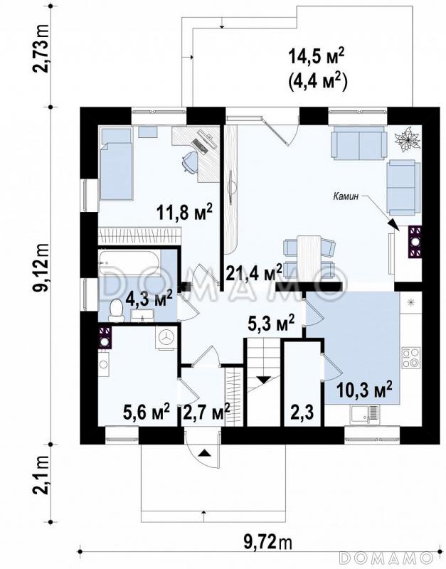 Проект одноэтажного мансардного дома из газобетона в современном исполнении с четырьмя комнатами и балконом / План 1 этажа