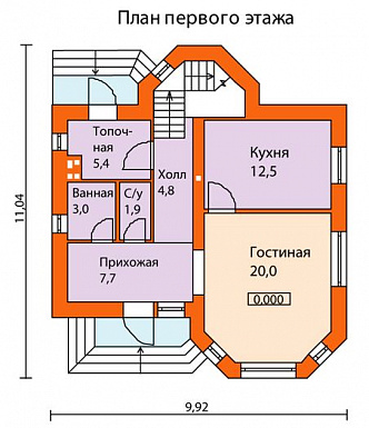 Проект кирпичного дома с солидным эркером на главном фасаде / План 1 этажа Проект кирпичного дома с солидным эркером на главном фасаде / План 1 этажа