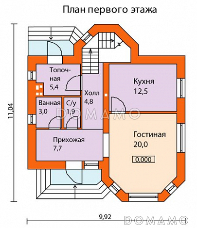 Проект кирпичного дома с солидным эркером на главном фасаде / План 1 этажа Проект кирпичного дома с солидным эркером на главном фасаде / План 1 этажа
