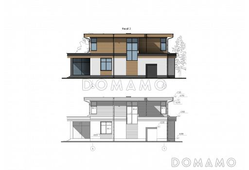 Проект просторного дома с навесом, верандой, сауной, 4 спальнями и кабинетом / Фасад 2