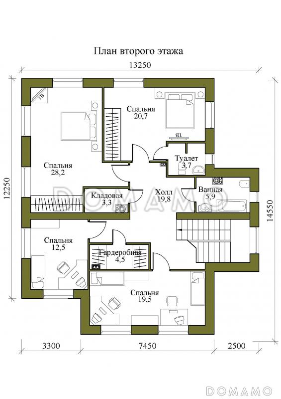 Проект двухэтажного дома с сауной и пятью спальнями / План 2 этажа