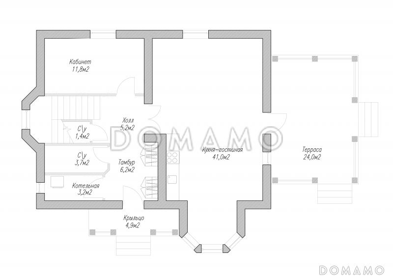 Дом с островерхой кровлей и двухэтажным эркером / План 1 этажа