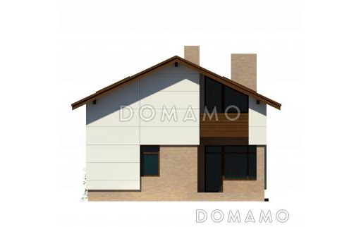 Проект загородного дома из панелей СИП с открытой террасой, небольшой кухонной зоной, вторым светом, балконом и лоджией / Фасад 2