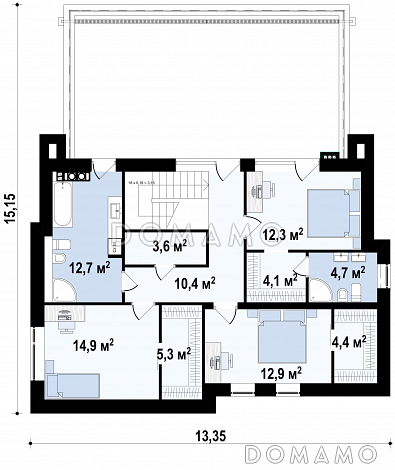 Проект современного двухэтажного дома из кирпича с плоской крышей, с четырьмя комнатами, гаражом и террасами на двух уровнях / План 2 этажа Проект современного двухэтажного дома из кирпича с плоской крышей, с четырьмя комнатами, гаражом и террасами на двух уровнях / План 2 этажа
