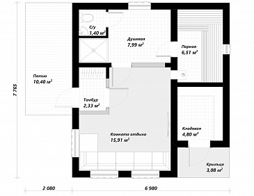Проект бани из газобетона с четырехскатной крышей / План 1 этажа Проект бани из газобетона с четырехскатной крышей / План 1 этажа