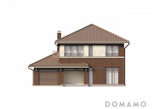 Проект современного двухэтажного дома из газобетона с четырьмя спальнями, кабинетом и пристроенным гаражом / Фасад 1