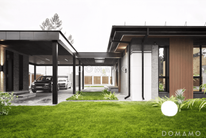 Проект дома из газобетона с верандой, сауной и двухместным автонавесом