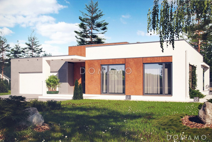 Проект просторного современного одноэтажного дома из кирпича с тремя спальнями и двухместным гаражом