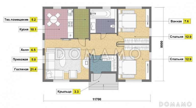 Проект одноэтажного каркасного дома с камином / План 1 этажа