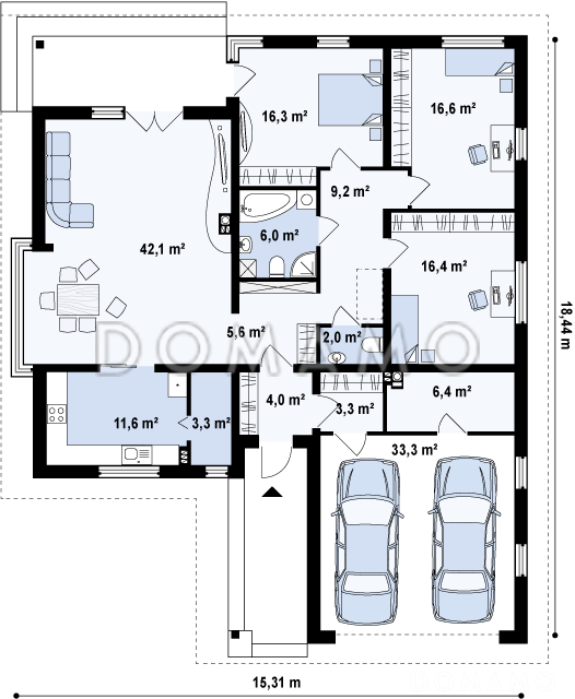 Проект одноэтажного дома из газобетона со стеклянным эркером в более просторной гостиной и гаражом на два автомобиля / План 1 этажа