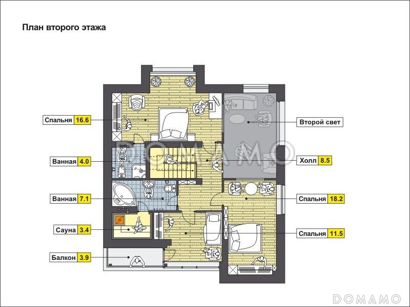 Проект дома с косой крышей, спальнями на первом этаже, верандой, террасой, сауной на мансардном этаже, вторым светом, балконом / План мансардного этажа